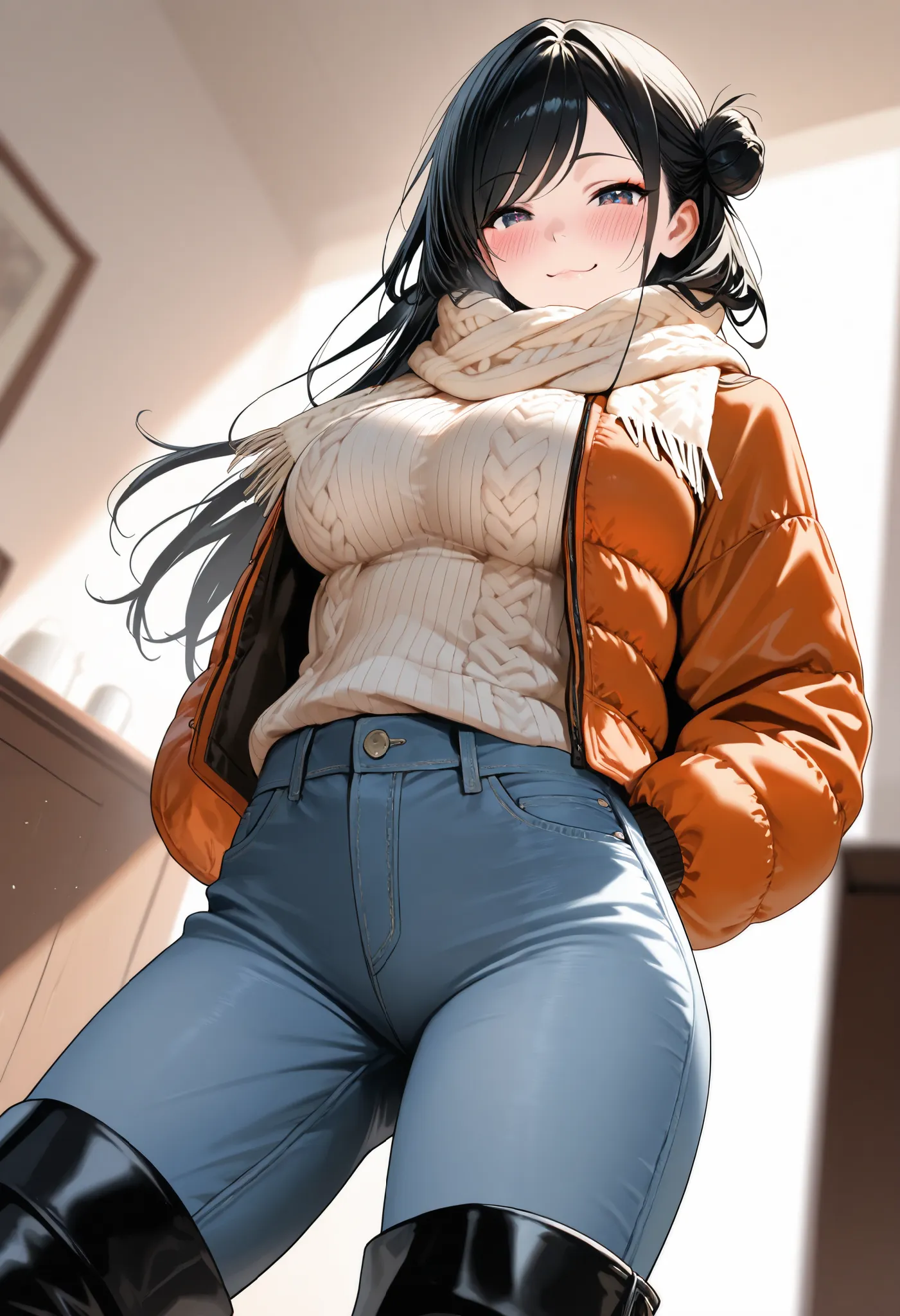 (best quality, masterpiece, ultra detailed, high resolution), Beautiful 8K CG artwork, Enriched photography, anatomically accurate body, depth of field,  1girl, elegant yet sexy girl, (long hair, black straight hair, swept bangs), 
round large breasts, bre...