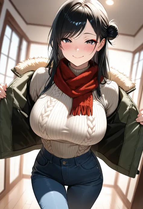 (best quality, masterpiece, ultra detailed, high resolution), Beautiful 8K CG artwork, Enriched photography, anatomically accurate body, depth of field,  1girl, elegant yet sexy girl, (long hair, black straight hair, swept bangs), 
round large breasts, bre...