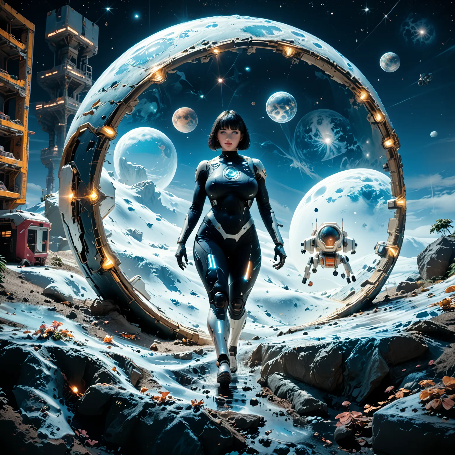 Mathilda, Robotic White skinned woman, Bob cut Black Hair, Large Breast, Voluptuous Build, wide hipped, thick thighs, wearing a White and Blue High Tech Astronaut Suit, iridescent White glowing glass eyes, standing on the Lunar surface, Advanced Lunar Rove...