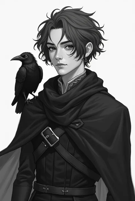 there is a drawing of a boy with a bird on his shoulder, a character portrait inspired by Gonzalo Endara Crow, tumblr, aestheticism, handsome drow, male drow, drow, beautiful male drow, he has dark grey hairs, arcane from netflix, caleb from critical role,...