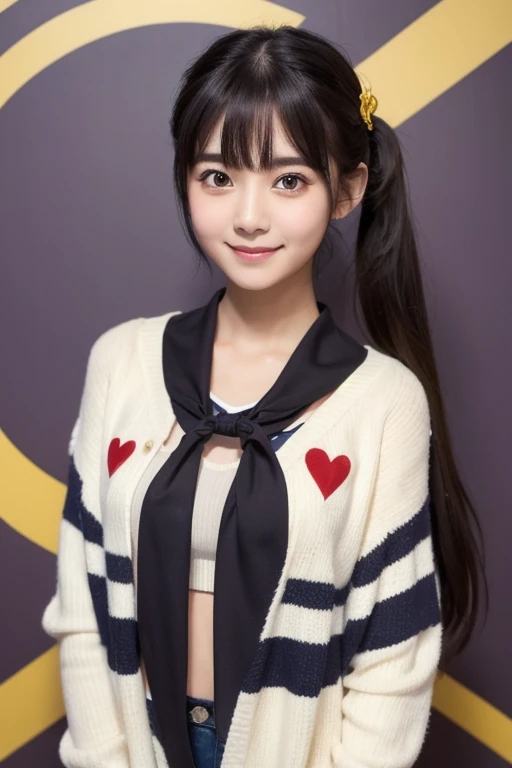 ,  1 girl, Alone,  tea hair, heart,   hair ornament,  school uniform ,  side ponytail , smile,  viewers,  neckerchief ,  upper body, heart   hair ornament,  cardigan, Sailor color, Sera Clothing, black Sailor color, bangs,  yellow eyes,  Closed Mouth,  lon...