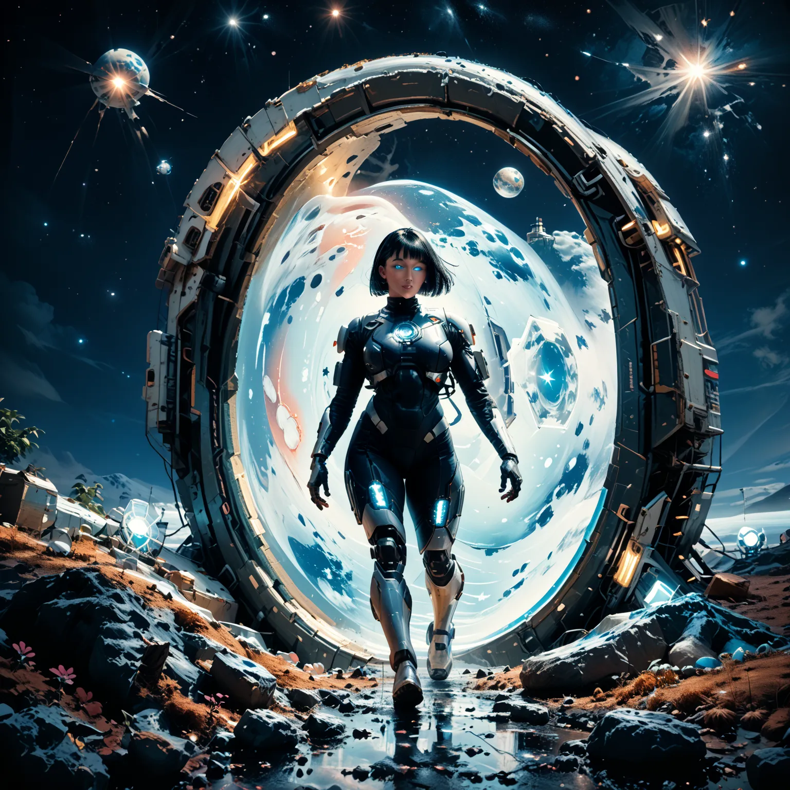 Mathilda, Robotic White skinned woman, Bob cut Black Hair, Large Breast, Voluptuous Build, wide hipped, thick thighs, wearing a White and Blue High Tech Astronaut Suit, iridescent White glowing glass eyes, standing on the Lunar surface, Advanced Lunar Rove...