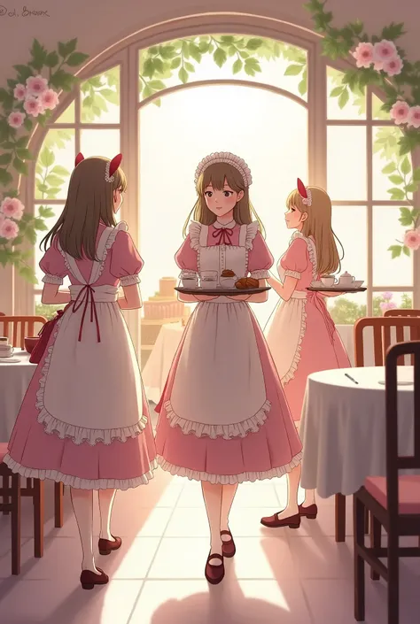  best quality、 high resolution、( high definition:1.2)、 Masterpiece、 detailed background、Realistic、 RAW photos 、
(A moment at a maid cafe wrapped in a slightly sweet and warm atmosphere:1.5)、
A pastel colored dress that settles down on a white apron with fl...