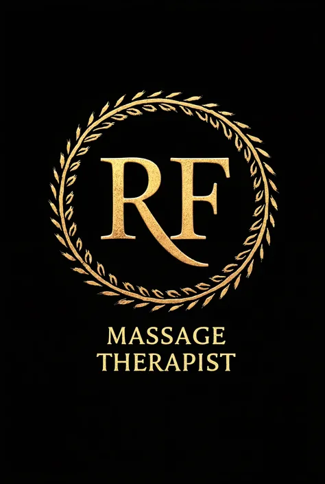 I would like a black logo with the central letters being RF and a round gold embroidery around the letters and a little underneath the embroidery written massage therapist and a line below, The letters have to be rustic and shiny 