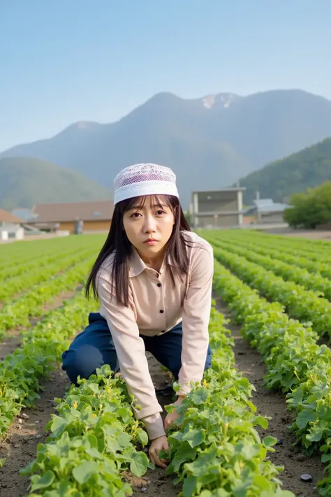 "A serene rural Japanese setting with a middle-aged woman wearing a traditional outfit, such as a kimono-style workwear or a kasa hat, doing farming in a green field. The woman is kneeling and tending to plants, surrounded by rows of crops. The background ...