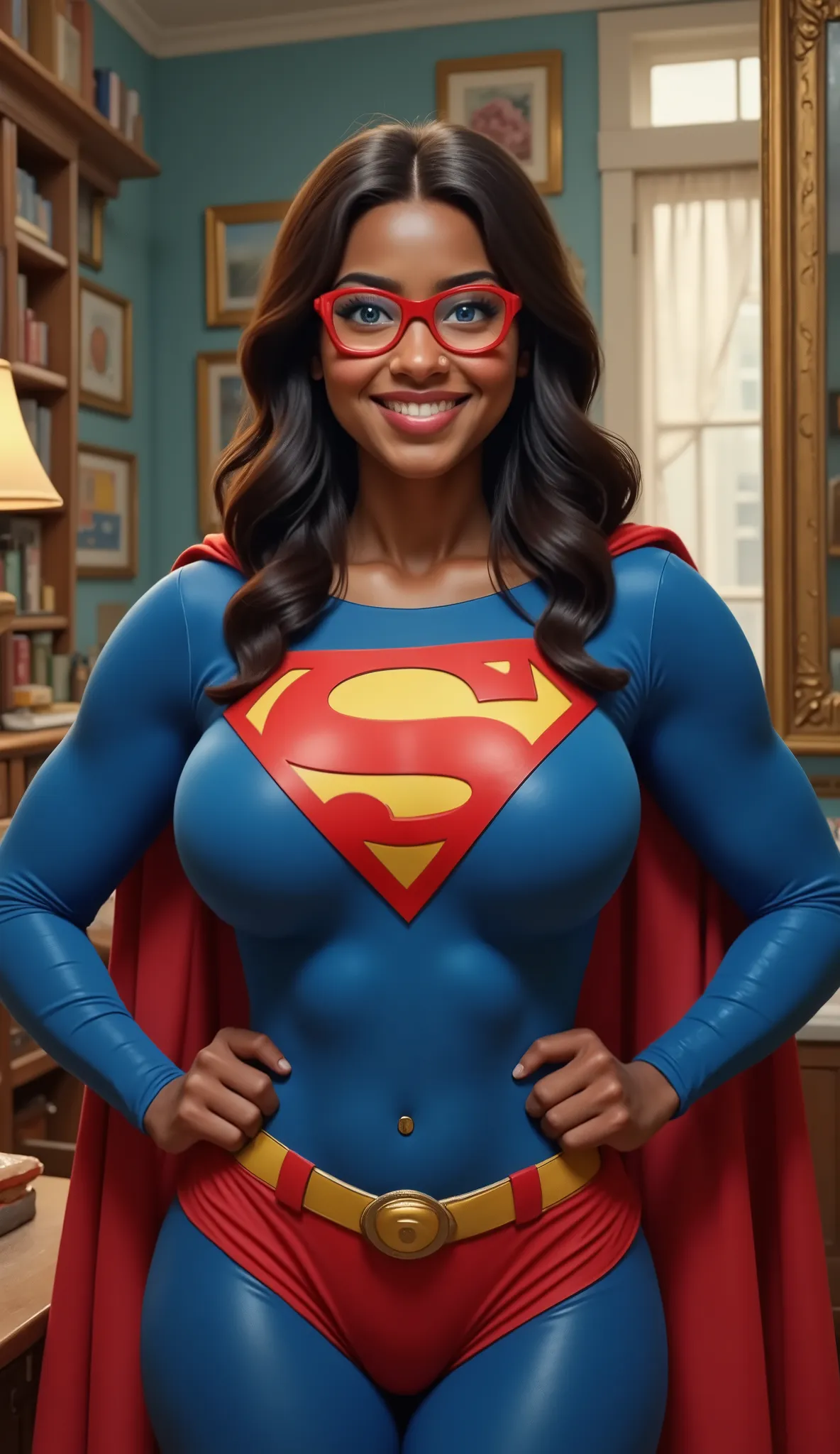 STANDING, a 19-year-old Black girl, dark-skinned and beaming. She's wearing a brand-new 1980 Superman suit, the latest design, and her joy is infectious. Her long hair flows around her shoulders, catching the light. She's wearing a pair of bright red, almo...