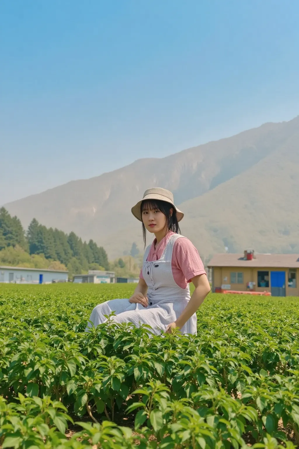 "A serene rural Japanese setting with a middle-aged woman wearing a traditional outfit, such as a kimono-style workwear or a kasa hat, doing farming in a green field. The woman is kneeling and tending to plants, surrounded by rows of crops. The background ...