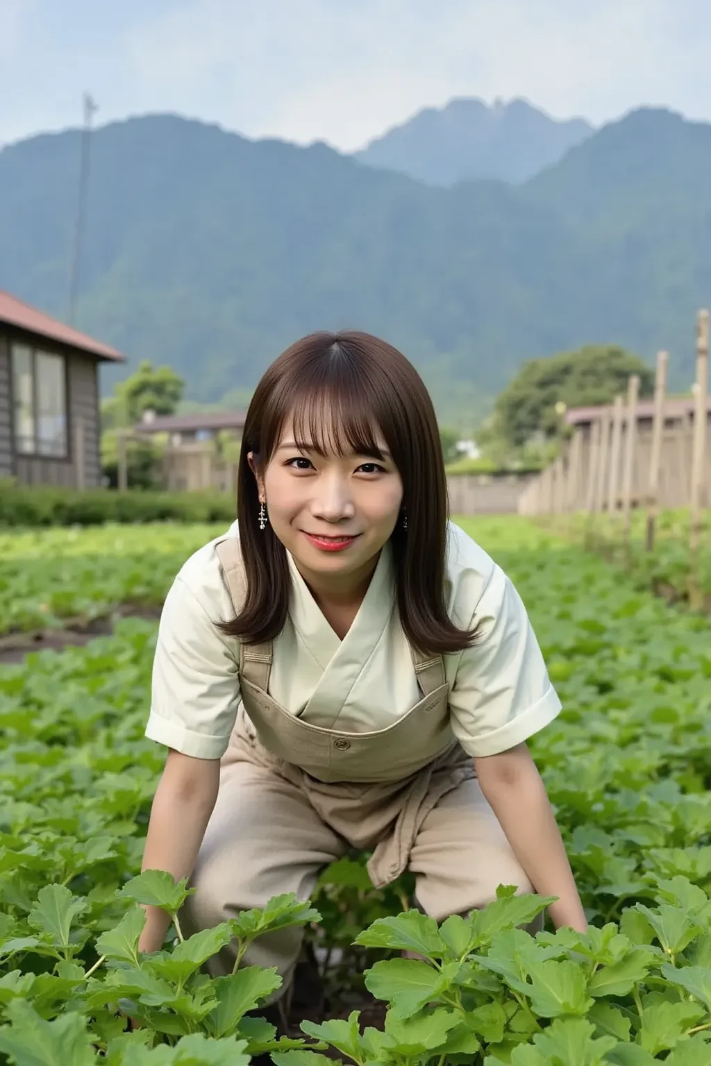 "A serene rural Japanese setting with a middle-aged woman wearing a traditional outfit, such as a kimono-style workwear or a kasa hat, doing farming in a green field. The woman is kneeling and tending to plants, surrounded by rows of crops. The background ...