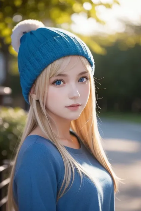  portrait of a blond girl in a blue hat and blue shirt