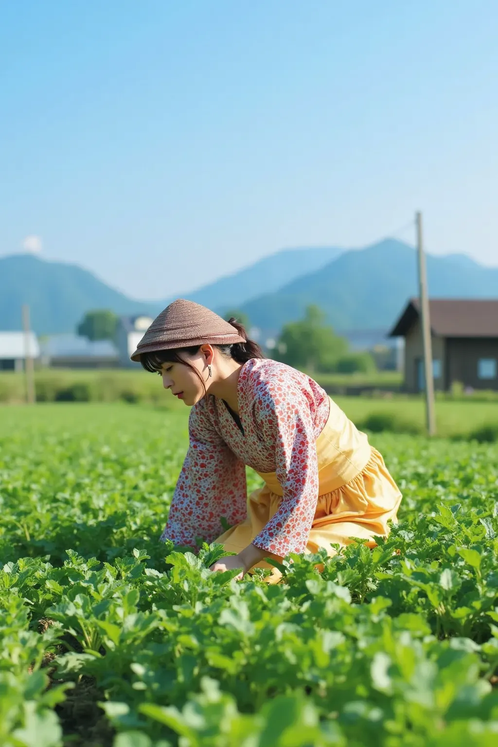 "A serene rural Japanese setting with a middle-aged woman wearing a traditional outfit, such as a kimono-style workwear or a kasa hat, doing farming in a green field. The woman is kneeling and tending to plants, surrounded by rows of crops. The background ...