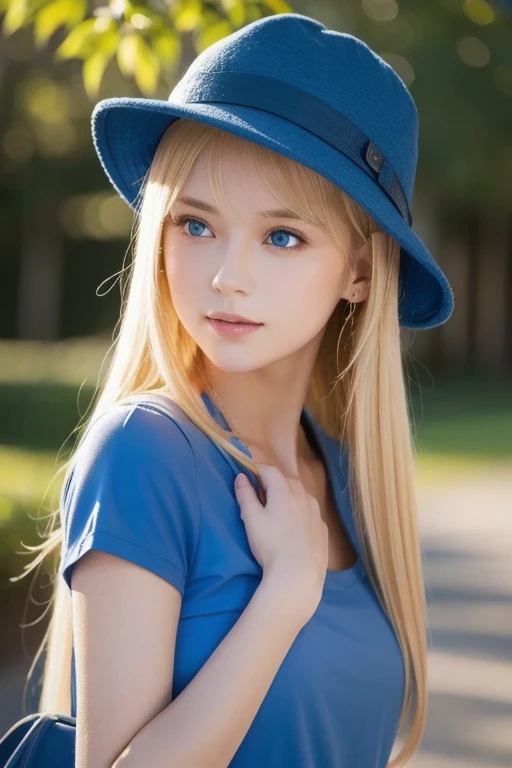  portrait of a blond girl in a blue hat and blue shirt