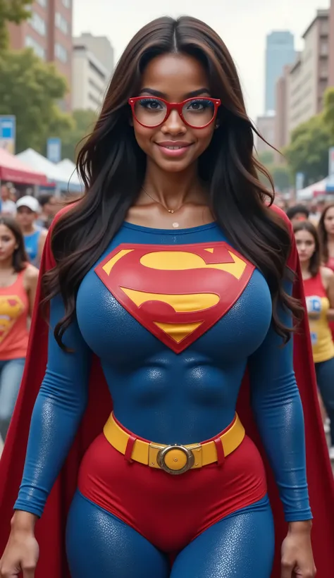 EXTREMELY SEXY AND CUTE.(FULL ENTIRE BODY VIEW) GORGEOUS BLUE EYES. A young, 18-year-old Black girl, dark-skinned and radiating pure joy, She's decked out in a brand-new 1980 Superman suit, the latest model, a treasure she clearly cherishes. This isn't cos...