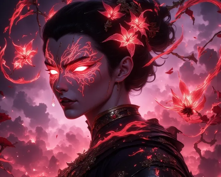 A (((samurai with a glowing red spider Lily on her forehead))), adorned with delicate (((Lily flower patterns))), which seem to radiate out from her face, blending seamlessly with the (((traditional Japanese garb))) that she wears. The atmosphere is one of...