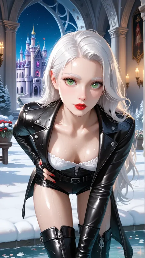  best quality, 8k, ultra quality, masterpiece, realistic image, ultra realistic, detailed shadows, detailed lights, delicate face, white clear wet skin, very long wet white hair reaches around the ground, glowing green eyes, wet red lips, red fingernails, ...