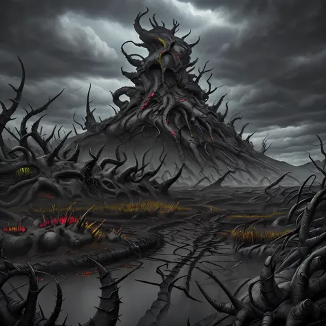 Cracked end open on the floor, Valley of Madness in the background . thorns, chaos, devastation,  dramatic cloudy sky. Horror art, Unreal Engine, colorful sketch drawing. Madness and frenzy; spikes and thorns. Colorful sketch drawing. Inked art, intricated...