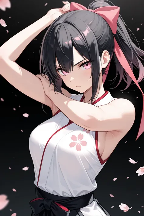 woman, twenty-five year old, solo,
beautiful black hair, ponytail hair,
clear fresh pink eyes, 
armpit,
pride, serious, sakura,
masterpiece, best quality, very beautiful, very detailed, 