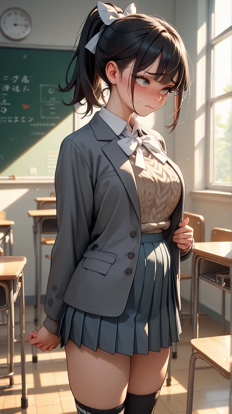   beautiful girl　   black hair　 ponytail　  Japanese High School Student Uniform　  gray blazer　  Grey Pleated Skirt 　  white ribbon　  black socks　 big breasted　   sweater　 standing　classroom　front　 roll up skirts　 white panties　 embarrassed