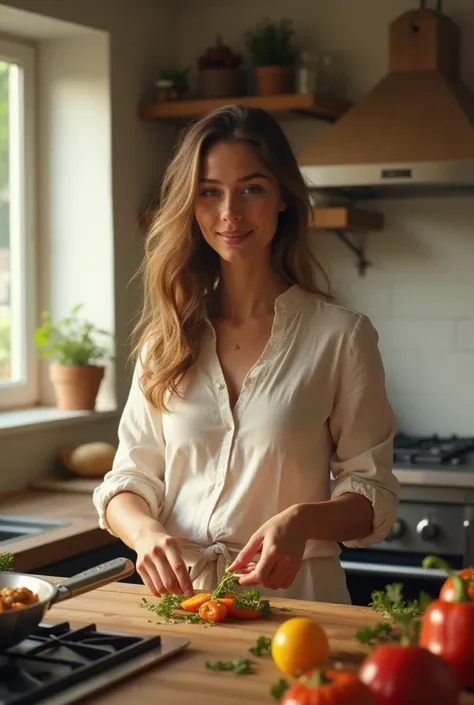 Create a video of a beautiful girl cooking