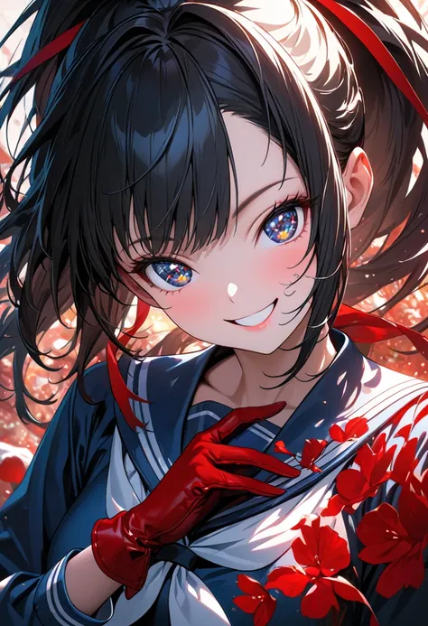 ((Female, Black hair, Ponytail with red ribbon, Blue sailor uniform, Red leather gloves, Smiling face, Sukeban Deka))), (Masterpiece: 1.2, Highest quality), (Delicate and beautiful eyes: 1.2), (Highly detailed CG Unity 8K wallpaper, Masterpiece, Highest qu...