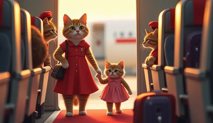 A mother cat and her kitten are boarding an airplane, walking up the jet bridge towards the plane door. The mother cat wears a red dress and carries a small purse, while the kitten, dressed in a pink dress, excitedly pulls a tiny suitcase. A friendly cat f...