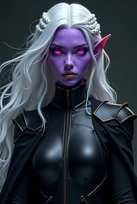 Elfa woman with purple skin color and purple eyes. white hair color, wavy and with some braids.  totally black armor 