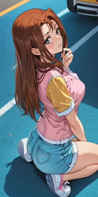  1 female, high definition,High resolution,  ultra-realistic  ,8K, serenidaddm ,  long hair,  brown hair,   pink shirt ,  blue shorts,  gray eyes, city,  blue sneakers , big breasts,European,sexy, Close-up of the upper body,  photographed from the front , ...