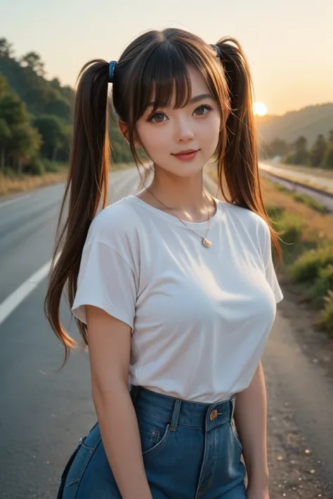 Road Trip at Sunset, an attractive woman , Japanese,bangs, twin tails