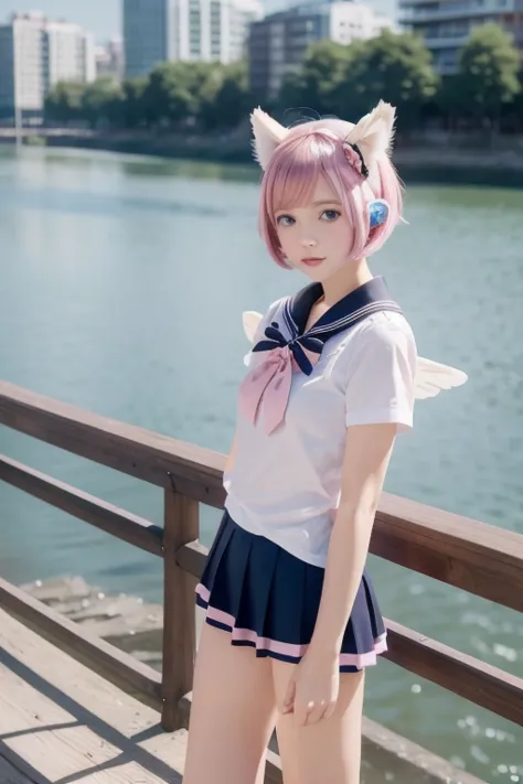  ski style,  One Girl , Alone,  pink hair,  animal ears ,  blue eyes, Wings,  looking , bangs,  short hair, bow,  sailor color , white  sailor color , hair bow, pink bow,  Closed Her Mouth ,  shirt, white  shirt, bear ears,  bob cut, Mini Wing,  portrait, ...