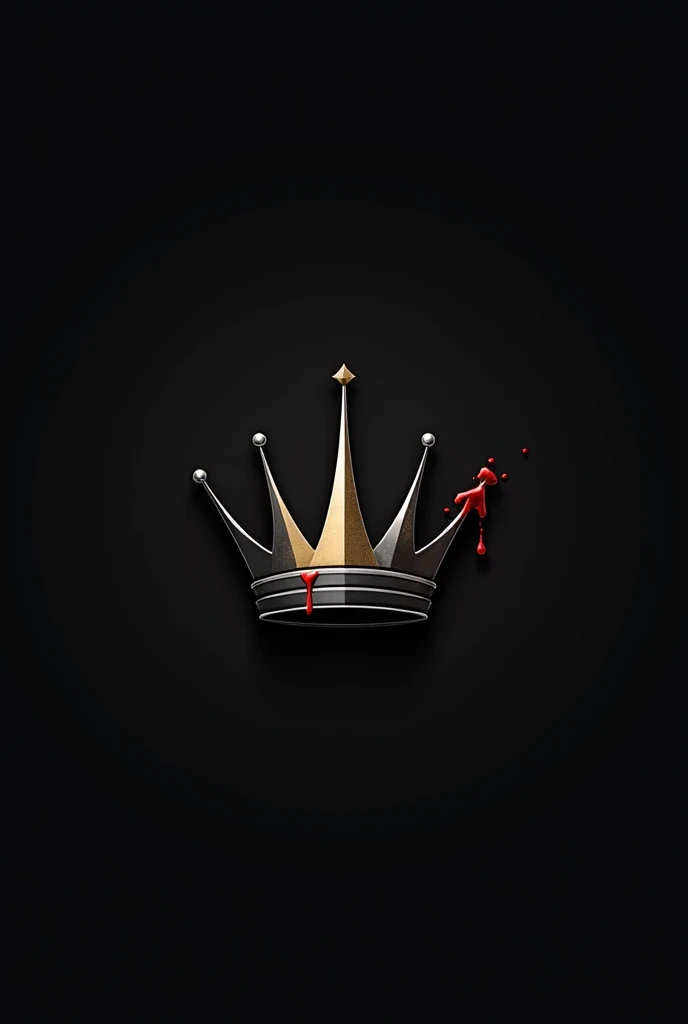 A minimalist emblem featuring a sleek, elegant crown with sharp edges, symbolizing power and authority. The crown is primarily black with subtle gold or silver accents, giving it a luxurious feel. On one side of the crown, a distinct bloodstain or a single...