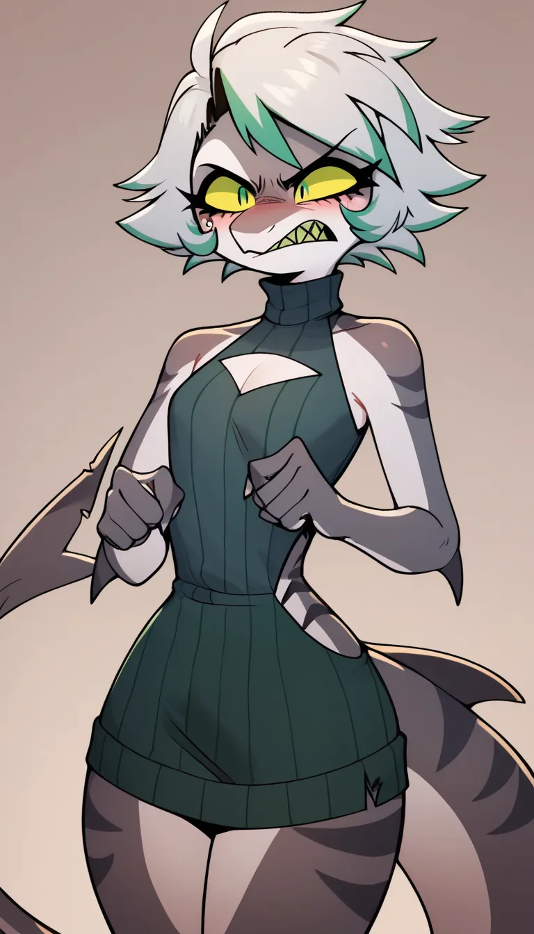 Score_9, Score_8, Score_7, Score_6_Up, Score_5_Up, Source_ Fluffy, Kemono Style,, Cute Gray Anthropomorph Shark Girl, Shark Fins, Thighs, Mid-Chest, Sharp Teeth, Green Eyes, Blinking, Short White Hair, Hair With Green Highlights, Gills, Shark, Good Anatomy...