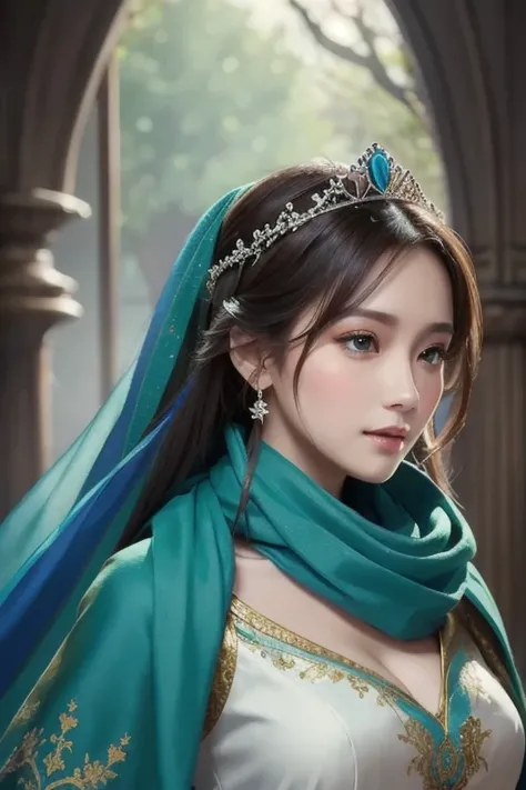 A woman in a blue dress with a long green scarf, Beautiful Portraits,  beautiful fantasy empress extremely detailed  animated illustration  , 