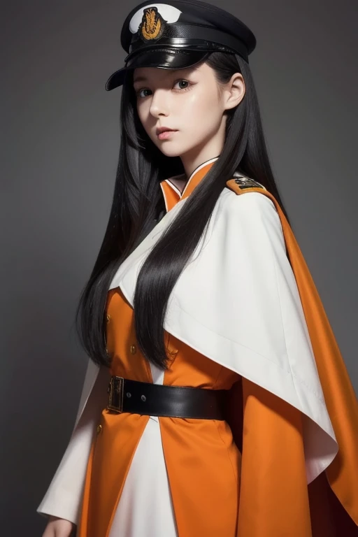 white **-****-*** girl with long black hair is wearing a military uniform, Orange Cape , Big hazel eyes, Science Fiction , Dark mood, 