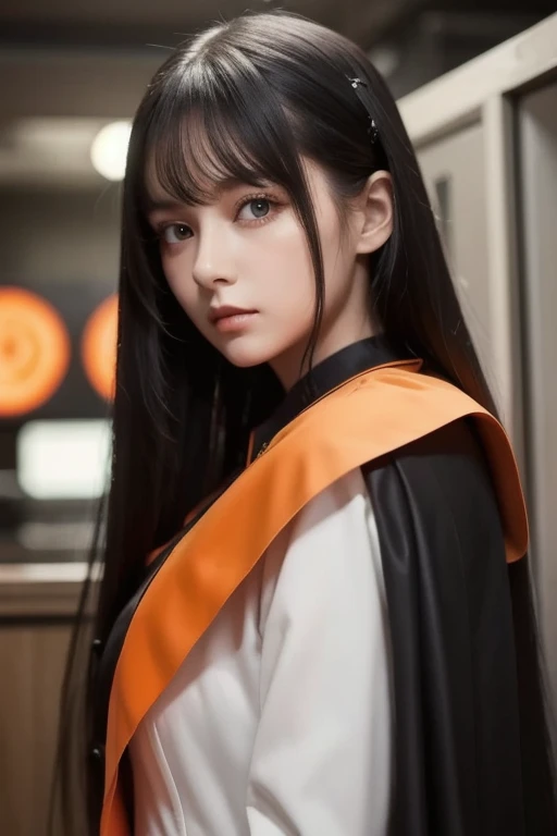 white **-****-*** girl with long black hair is wearing a military uniform, Orange Cape , Big hazel eyes, Science Fiction , Dark mood, 