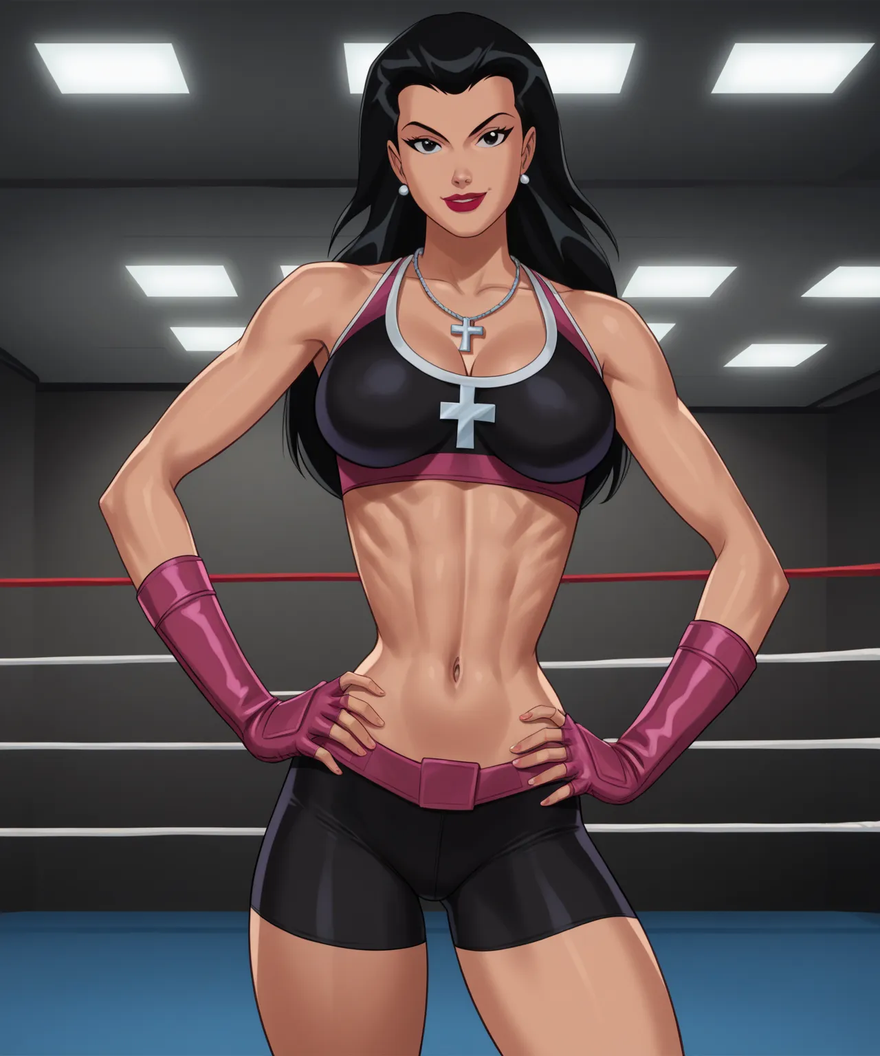 safe_pos, PonyXLV6_Scores BREAK (((retro artstyle, parody, animification)), perfect anatomy, cowboy shot) helena bertinelli, long hair, black hair, black eyes, scarlet red lipstick, ((looking at viewer)), dark pink sports bra, dark pink bike shorts, dark p...