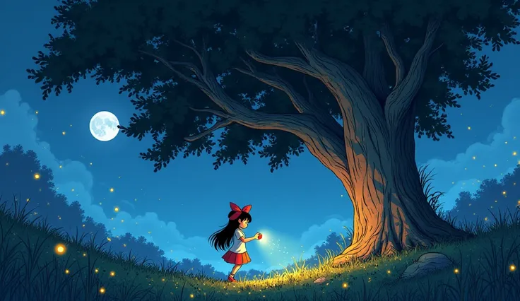 Create Manga image: a young girl with long, black hair with locks, a red bow tie on her head with a flashlight, ka, night, fireflies, a big tree 