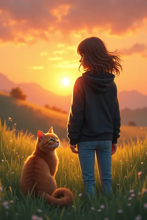 Draw a picture of a brown-haired woman in jeans and a black hoodie and a cheese-colored cat standing together in the grass at dawn looking at the sun