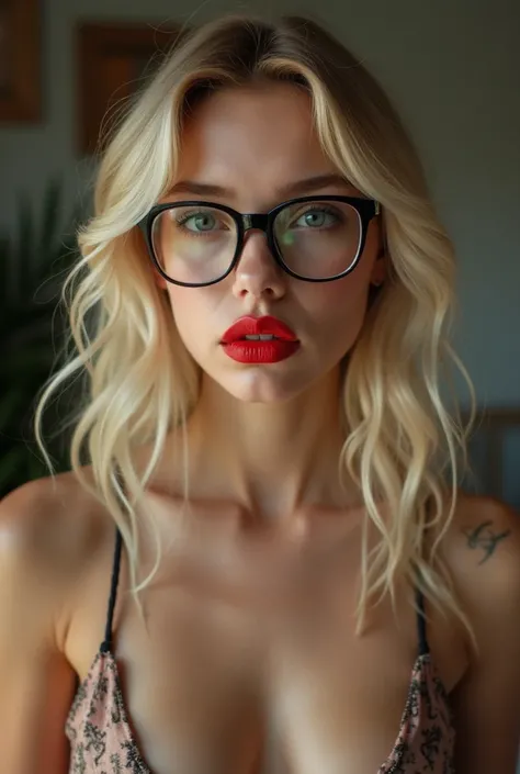 Young girl blond girl with red lips and glasses having a cock stuck in her ass