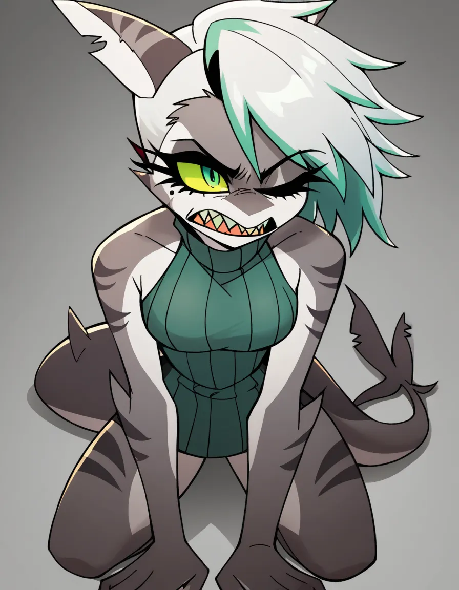 Score_9, Score_8, Score_7, Score_6_Up, Score_5_Up, Source_ Fluffy, Kemono Style,, Cute Gray Anthropomorph Shark Girl, Shark Fins, Thighs, Mid-Chest, Sharp Teeth, Green Eyes, Blinking, Short White Hair, Green Highlights, Gills, Shark, Good Anatomy, Angry, E...