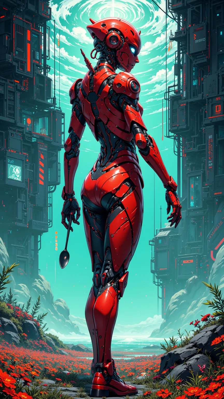  future robot ，Artificial Human，explore，  Uncover Your Face  ，  Mystery，[ocean，field，Work clothes，  Elegant Body Costume  ， Rear Spoon  ， Red Armor ，  8-bit game  ，