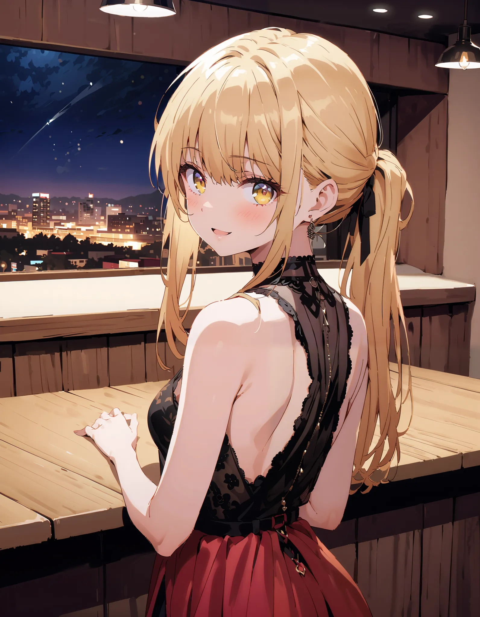 It&#39;s so dizzying, Mahiru Shiina, Alone,bangs,  blonde hair,  brown hair,  yellow eyes, half up do, sleeveless dress ,A dress that shows your back, long slit skirt, egg looking back in the vagina,smile,blush, open your mouth, table, beautiful night view...