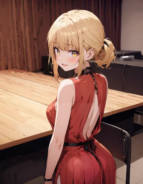 It&#39;s so dizzying, Mahiru Shiina, Alone,bangs,  blonde hair,  brown hair,  yellow eyes, half up do, sleeveless dress ,A dress that shows your back, long slit skirt, egg looking back in the vagina,smile,blush, open your mouth, table, beautiful night view...