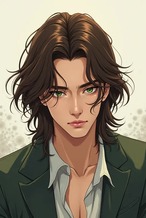 Manhwa art,young man, long brown hair, dark green eyes