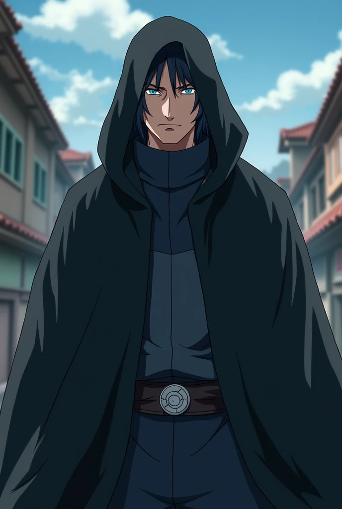 adult naruto, with a black cape and a hood covering half his face,  Anime style