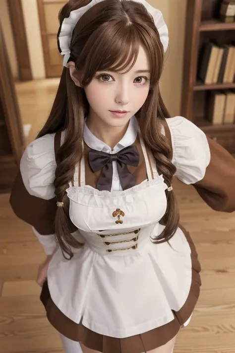 highest quality, masterpiece, 8k, Ultra-high resolution, (Realistic: 1.4), 1 girl, Beautiful Face, Symmetrical eyes, big, Perfect Body Proportions, ((Long Hair))、((Brown Hair:1.5)), Maid、((ゴスロリ風Maid服:1.4)), Viewer&#39;sight, ((Coffee shop、Blurred Backgroun...