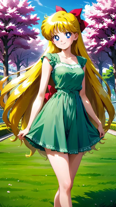 masterpiece, best quality, very aesthetic, ultra detailed, intricate details, aavenus, long hair, blonde hair, hair bow, small breasts, blue eyes, green casual dress, shiny skin, smile, posing full body, looking at viewer, outdoors, school park, perfect an...