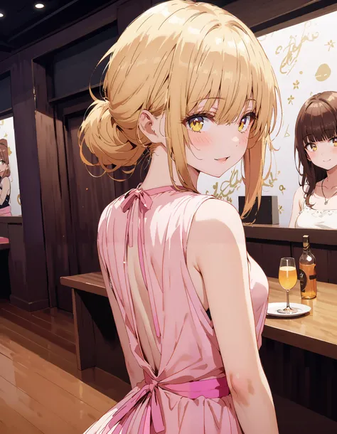 It&#39;s so dizzying, Mahiru Shiina, Alone,bangs,  blonde hair,  brown hair,  yellow eyes, half up do, sleeveless dress ,A dress that shows your back, Slit Skirt, egg looking back in the vagina,smile,blush, open your mouth, table, beautiful night view with...