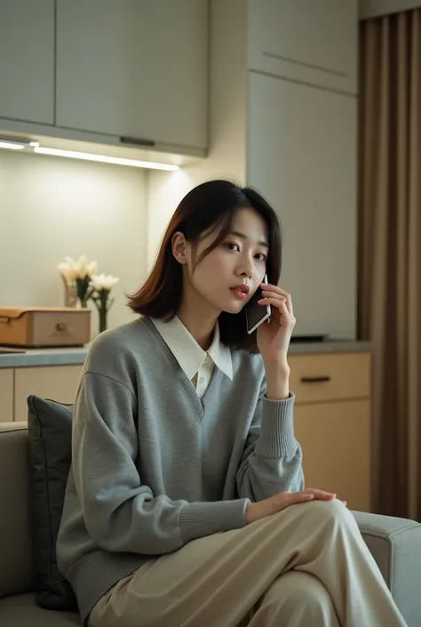 A Korean woman named Sunjoo with shoulder-length short hair, parted to the left. She is wearing a light gray sweater layered over a white collared shirt, cream-colored trousers, and black high heels. Sunjoo is talk on phone at sofa in the kitchen alone. Th...