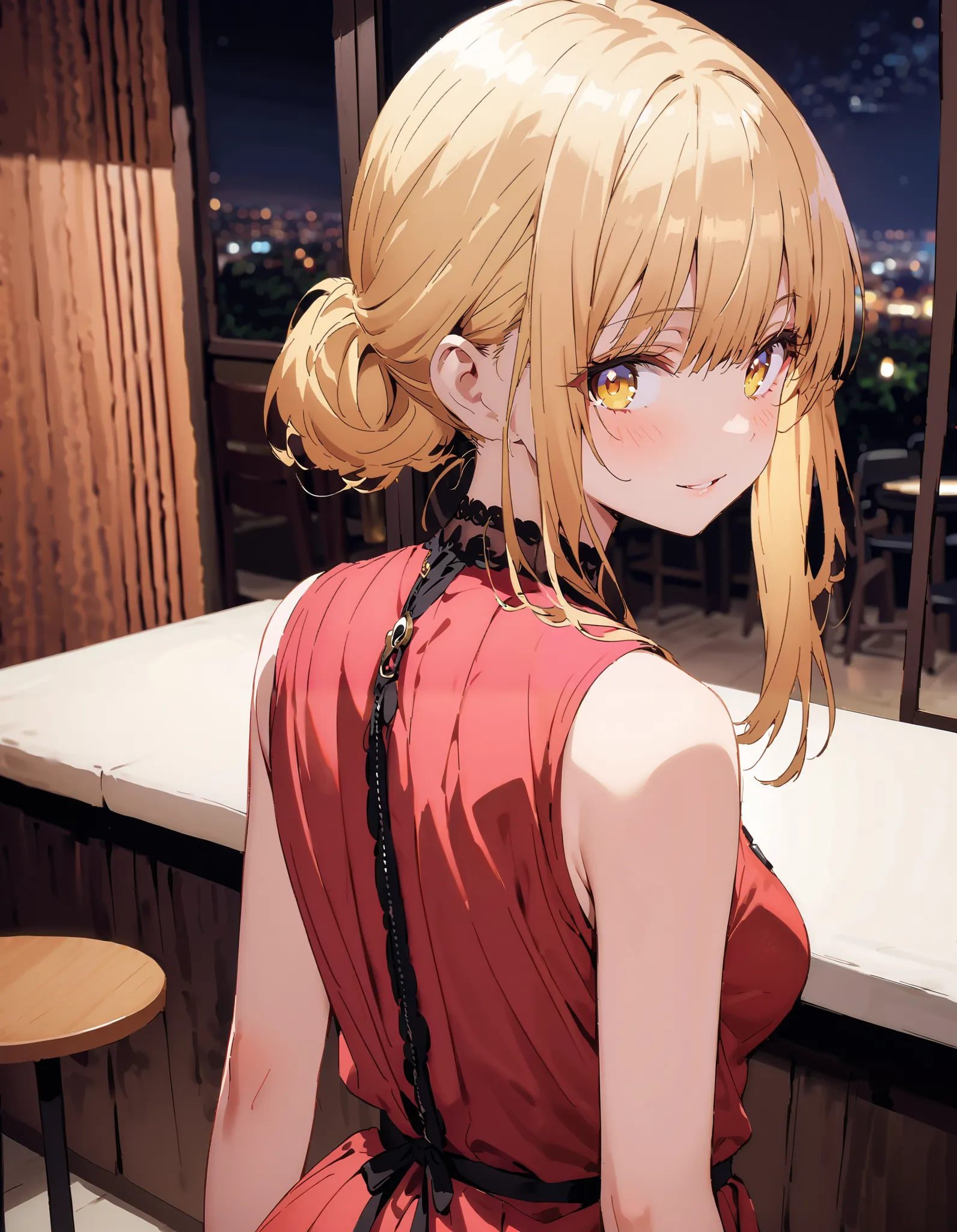 It&#39;s so dizzying, Mahiru Shiina, Alone,bangs,  blonde hair,  brown hair,  yellow eyes, half up do, sleeveless dress ,A dress that shows your back,Long slit, egg looking back in the vagina,smile,blush, open your mouth, table, beautiful night view with d...