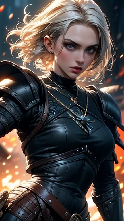 a sexy warrior girl with white hair like witcher in black leather armor, beautiful detailed eyes, beautiful detailed lips, extremely detailed face, long elegant eyelashes, intricate armor detailing, cold steely gaze, muscular physique, dynamic action pose,...