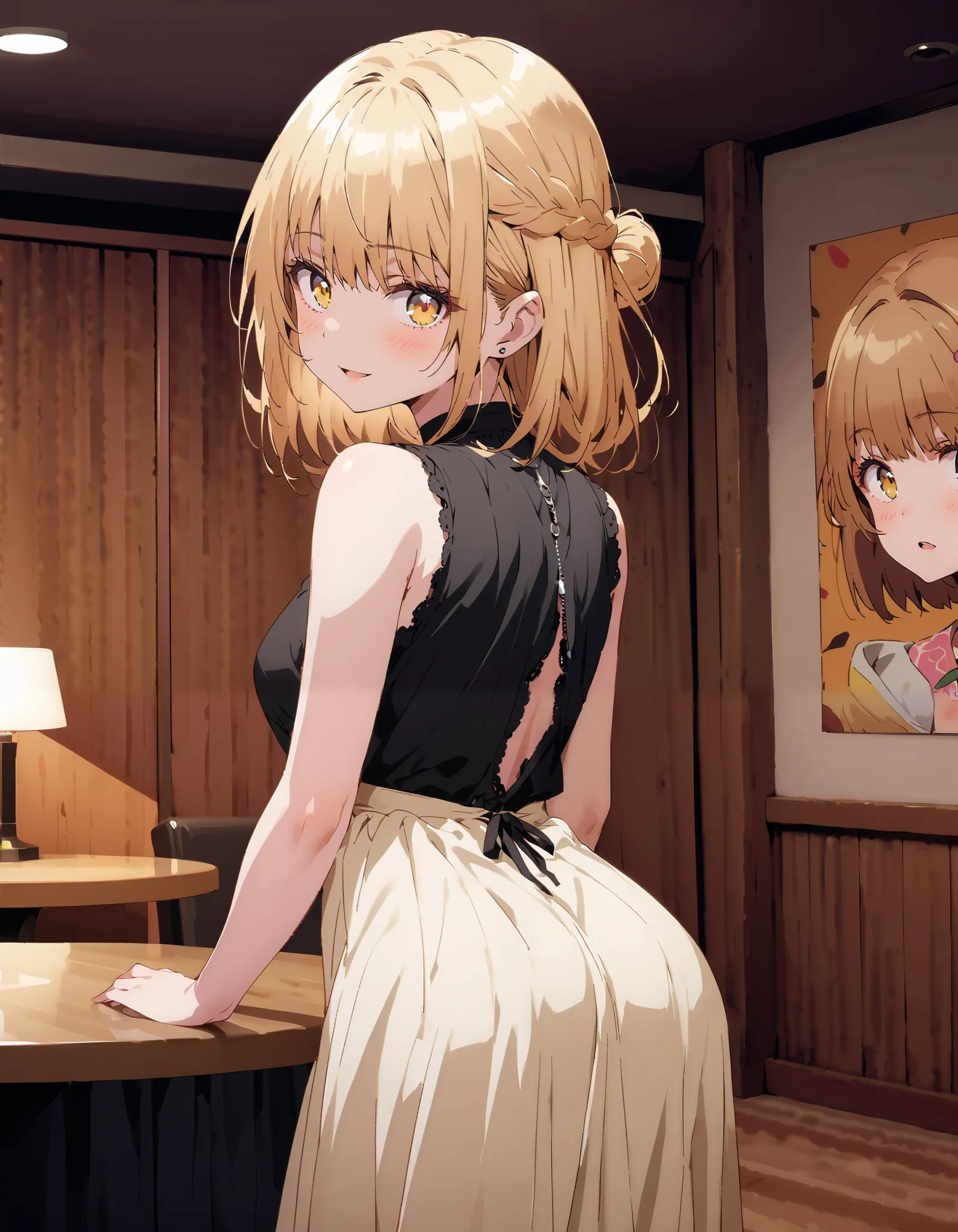 It&#39;s so dizzying, Mahiru Shiina, Alone,bangs,  blonde hair,  brown hair,  yellow eyes, half up do, sleeveless dress ,A dress that shows your back,Long slit, egg looking back in the vagina,smile,blush, open your mouth, table, beautiful night view with d...